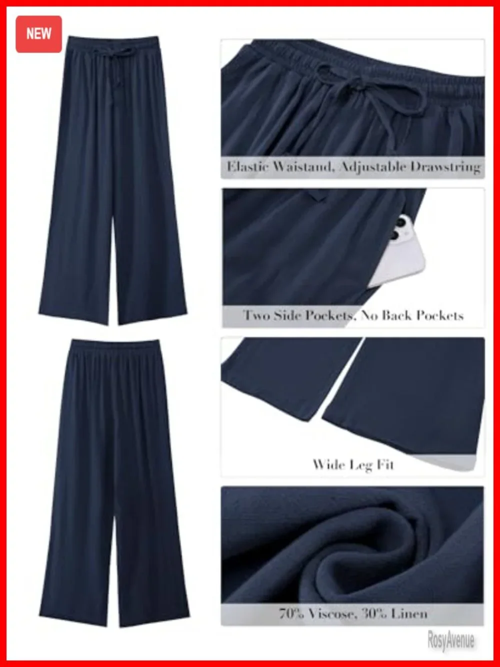 Linen Wide Leg Drawstring Palazzo Trousers Pants Pull On Elastic Waist
